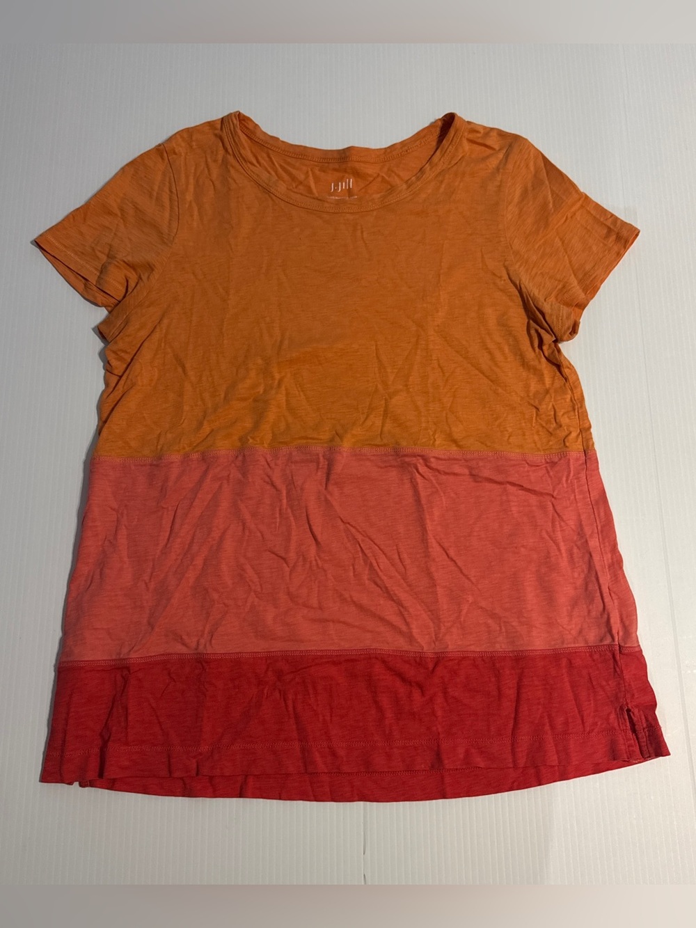 J. Jill Color Block Slub Cotton Tee Orange Pink Red Short Sleeve Top Medium M